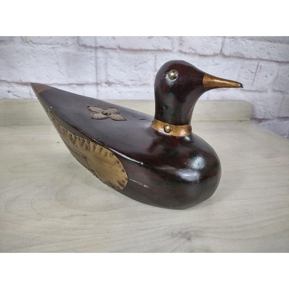 Wooden Folk Art Duck Decoy Wood Brass Country Decor 14 Inch Vtg Knicks SEE